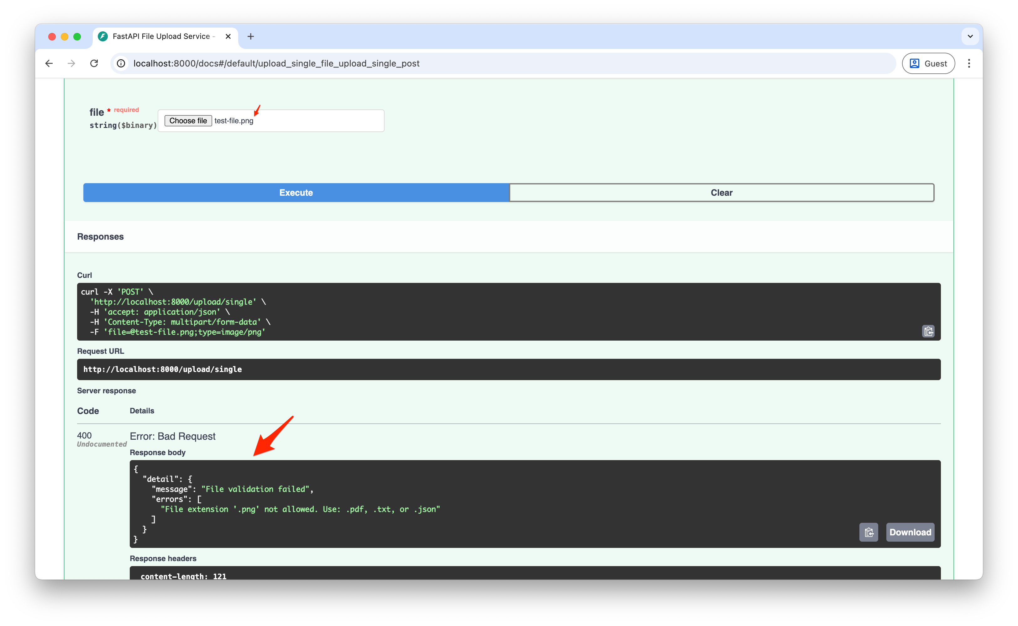 Screenshot of the file validation failed message