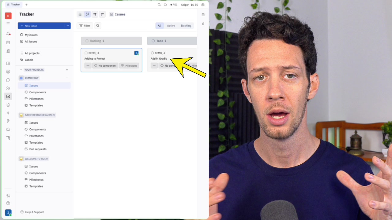 The Huly issues board displaying a task that was automatically created and synced from a new issue in a connected GitHub repository.