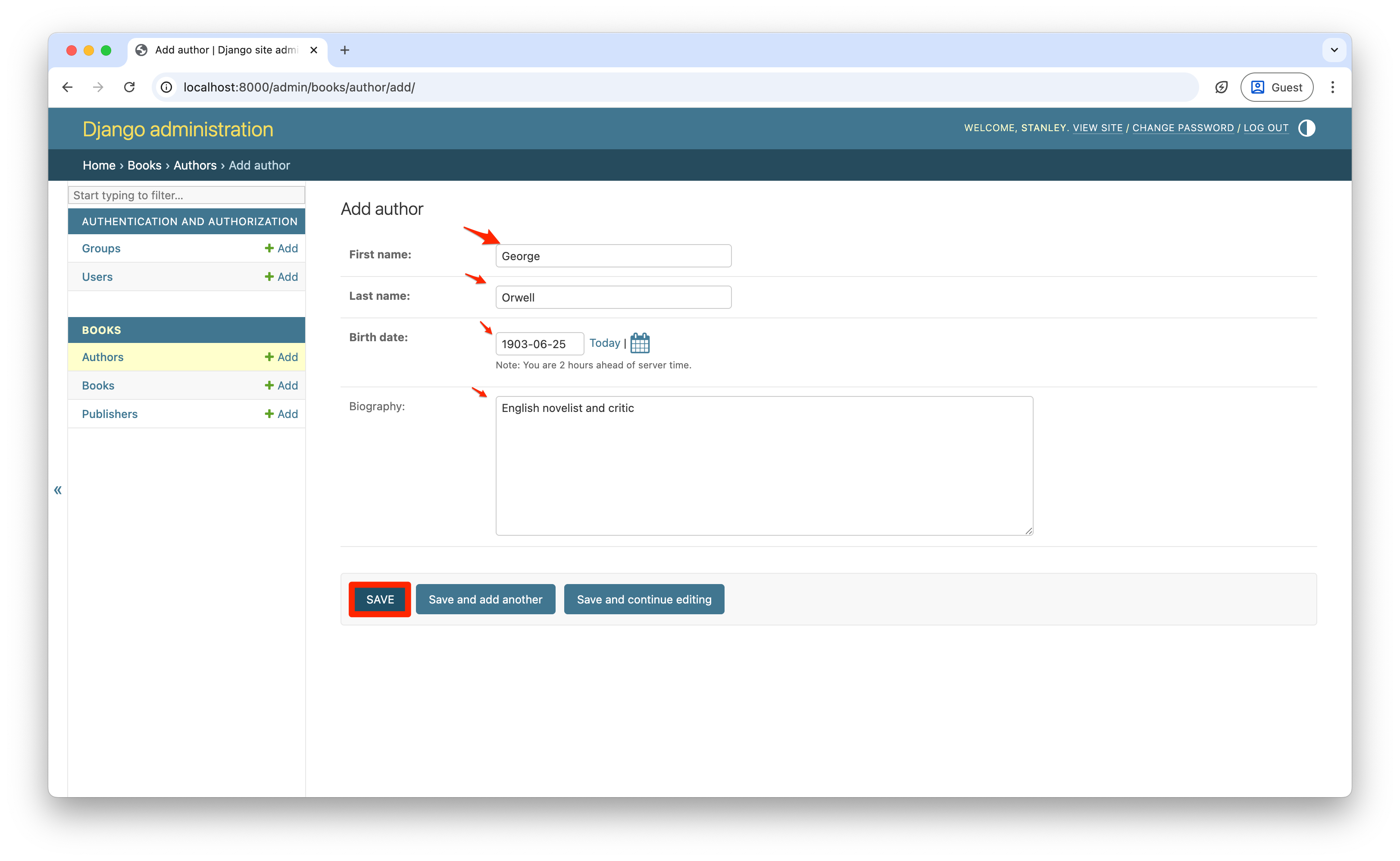 Screenshot showing the Django admin add author form